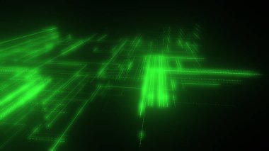 Parlak çizgiler ve noktalardan oluşan üç boyutlu bir neon örgü. Verili soyut dijital uzay sistemi. Siyah arka planda parlak teknolojik parlama devreleri