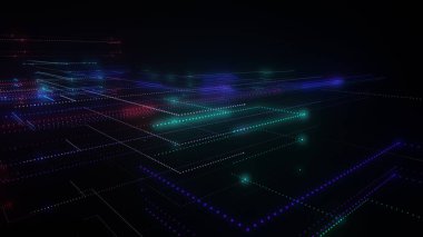 Parlak çizgiler ve noktalardan oluşan üç boyutlu bir neon örgü. Verili soyut dijital uzay sistemi. Siyah arka planda parlak teknolojik parlama devreleri