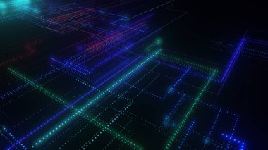 Parlak çizgiler ve noktalardan oluşan üç boyutlu bir neon örgü. Verili soyut dijital uzay sistemi. Siyah arka planda parlak teknolojik parlama devreleri