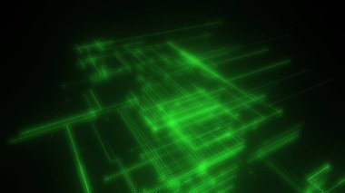Parlak çizgiler ve noktalardan oluşan üç boyutlu bir neon örgü. Verili soyut dijital uzay sistemi. Siyah arka planda parlak teknolojik parlama devreleri