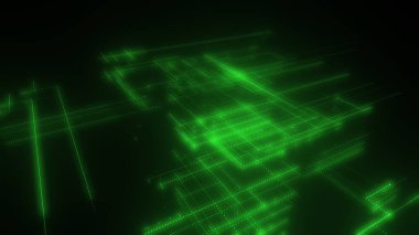 Parlak çizgiler ve noktalardan oluşan üç boyutlu bir neon örgü. Verili soyut dijital uzay sistemi. Siyah arka planda parlak teknolojik parlama devreleri