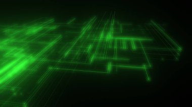 Parlak çizgiler ve noktalardan oluşan üç boyutlu bir neon örgü. Verili soyut dijital uzay sistemi. Siyah arka planda parlak teknolojik parlama devreleri