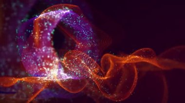 Birbirine dolanmış noktaların soyut dinamik yapısı. Koyu arkaplanda parlak ipliklerden ve yüzeylerden oluşan parlak renkli teknolojik arka plan