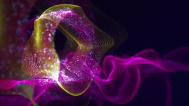 Birbirine dolanmış noktaların soyut dinamik yapısı. Koyu arkaplanda parlak ipliklerden ve yüzeylerden oluşan parlak renkli teknolojik arka plan