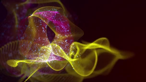 絡み合った点の抽象的なダイナミック構造 暗い背景に明るい糸および表面から成っている明るい着色された技術的な背景 — ストック動画