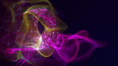 Birbirine dolanmış noktaların soyut dinamik yapısı. Koyu arkaplanda parlak ipliklerden ve yüzeylerden oluşan parlak renkli teknolojik arka plan