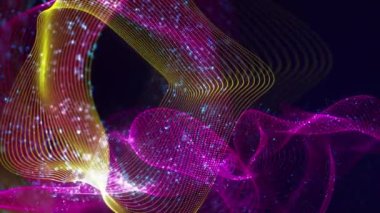 Birbirine dolanmış noktaların soyut dinamik yapısı. Koyu arkaplanda parlak ipliklerden ve yüzeylerden oluşan parlak renkli teknolojik arka plan