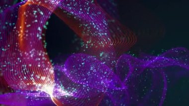 Birbirine dolanmış noktaların soyut dinamik yapısı. Koyu arkaplanda parlak ipliklerden ve yüzeylerden oluşan parlak renkli teknolojik arka plan
