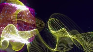 Birbirine dolanmış noktaların soyut dinamik yapısı. Koyu arkaplanda parlak ipliklerden ve yüzeylerden oluşan parlak renkli teknolojik arka plan