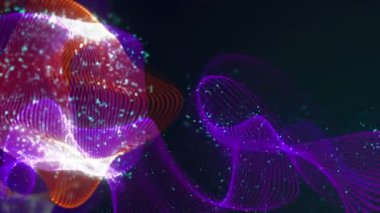 Birbirine dolanmış noktaların soyut dinamik yapısı. Koyu arkaplanda parlak ipliklerden ve yüzeylerden oluşan parlak renkli teknolojik arka plan