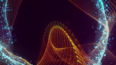 Birbirine dolanmış noktaların soyut dinamik yapısı. Koyu arkaplanda parlak ipliklerden ve yüzeylerden oluşan parlak renkli teknolojik arka plan