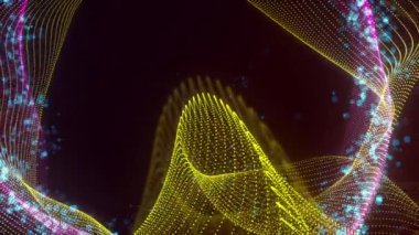 Birbirine dolanmış noktaların soyut dinamik yapısı. Koyu arkaplanda parlak ipliklerden ve yüzeylerden oluşan parlak renkli teknolojik arka plan