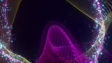Birbirine dolanmış noktaların soyut dinamik yapısı. Koyu arkaplanda parlak ipliklerden ve yüzeylerden oluşan parlak renkli teknolojik arka plan