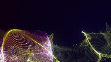 Birbirine dolanmış noktaların soyut dinamik yapısı. Koyu arkaplanda parlak ipliklerden ve yüzeylerden oluşan parlak renkli teknolojik arka plan