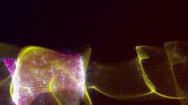 Birbirine dolanmış noktaların soyut dinamik yapısı. Koyu arkaplanda parlak ipliklerden ve yüzeylerden oluşan parlak renkli teknolojik arka plan