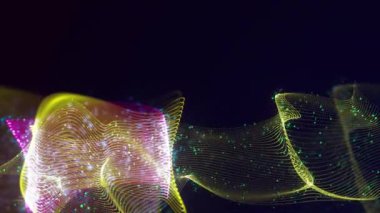 Birbirine dolanmış noktaların soyut dinamik yapısı. Koyu arkaplanda parlak ipliklerden ve yüzeylerden oluşan parlak renkli teknolojik arka plan