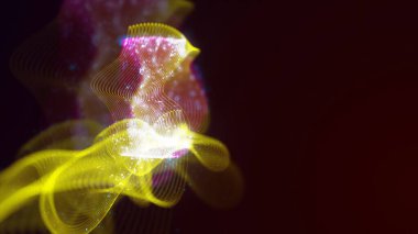 Birbirine dolanmış noktaların üç boyutlu yapılandırması. Koyu arkaplanda parlak ipliklerden ve yüzeylerden oluşan parlak renkli teknolojik arka plan