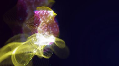 Birbirine dolanmış noktaların üç boyutlu yapılandırması. Koyu arkaplanda parlak ipliklerden ve yüzeylerden oluşan parlak renkli teknolojik arka plan