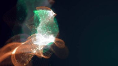 Birbirine dolanmış noktaların üç boyutlu yapılandırması. Koyu arkaplanda parlak ipliklerden ve yüzeylerden oluşan parlak renkli teknolojik arka plan