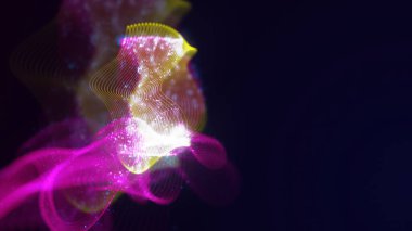 Birbirine dolanmış noktaların üç boyutlu yapılandırması. Koyu arkaplanda parlak ipliklerden ve yüzeylerden oluşan parlak renkli teknolojik arka plan