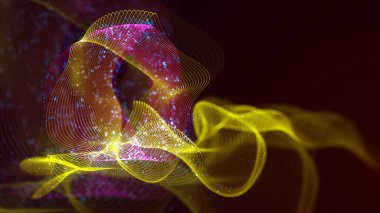 Birbirine dolanmış noktaların üç boyutlu yapılandırması. Koyu arkaplanda parlak ipliklerden ve yüzeylerden oluşan parlak renkli teknolojik arka plan