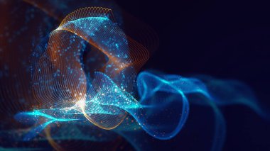 Birbirine dolanmış noktaların üç boyutlu yapılandırması. Koyu arkaplanda parlak ipliklerden ve yüzeylerden oluşan parlak renkli teknolojik arka plan
