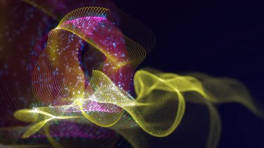 Birbirine dolanmış noktaların üç boyutlu yapılandırması. Koyu arkaplanda parlak ipliklerden ve yüzeylerden oluşan parlak renkli teknolojik arka plan