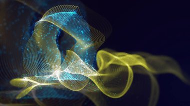 Birbirine dolanmış noktaların üç boyutlu yapılandırması. Koyu arkaplanda parlak ipliklerden ve yüzeylerden oluşan parlak renkli teknolojik arka plan