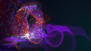 Birbirine dolanmış noktaların üç boyutlu yapılandırması. Koyu arkaplanda parlak ipliklerden ve yüzeylerden oluşan parlak renkli teknolojik arka plan