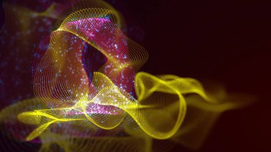 Birbirine dolanmış noktaların üç boyutlu yapılandırması. Koyu arkaplanda parlak ipliklerden ve yüzeylerden oluşan parlak renkli teknolojik arka plan
