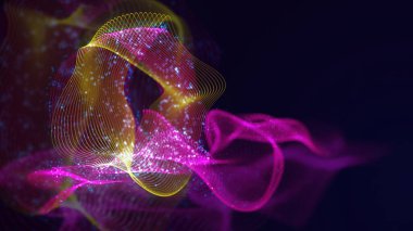 Birbirine dolanmış noktaların üç boyutlu yapılandırması. Koyu arkaplanda parlak ipliklerden ve yüzeylerden oluşan parlak renkli teknolojik arka plan