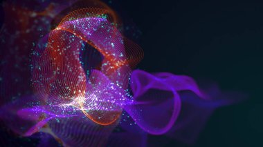 Birbirine dolanmış noktaların üç boyutlu yapılandırması. Koyu arkaplanda parlak ipliklerden ve yüzeylerden oluşan parlak renkli teknolojik arka plan