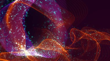 Birbirine dolanmış noktaların üç boyutlu yapılandırması. Koyu arkaplanda parlak ipliklerden ve yüzeylerden oluşan parlak renkli teknolojik arka plan