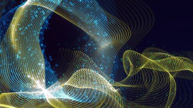 Birbirine dolanmış noktaların üç boyutlu yapılandırması. Koyu arkaplanda parlak ipliklerden ve yüzeylerden oluşan parlak renkli teknolojik arka plan