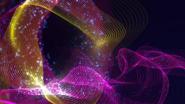 Birbirine dolanmış noktaların üç boyutlu yapılandırması. Koyu arkaplanda parlak ipliklerden ve yüzeylerden oluşan parlak renkli teknolojik arka plan