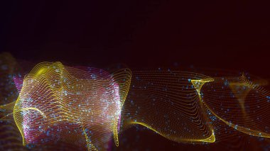 Birbirine dolanmış noktaların üç boyutlu yapılandırması. Koyu arkaplanda parlak ipliklerden ve yüzeylerden oluşan parlak renkli teknolojik arka plan