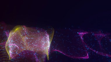 Birbirine dolanmış noktaların üç boyutlu yapılandırması. Koyu arkaplanda parlak ipliklerden ve yüzeylerden oluşan parlak renkli teknolojik arka plan