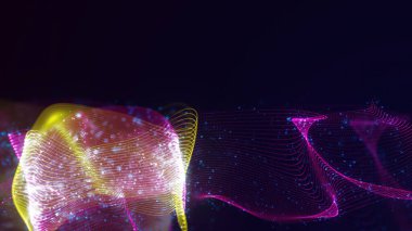 Birbirine dolanmış noktaların üç boyutlu yapılandırması. Koyu arkaplanda parlak ipliklerden ve yüzeylerden oluşan parlak renkli teknolojik arka plan