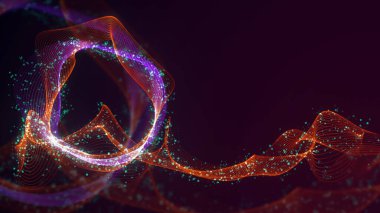 Birbirine dolanmış noktaların üç boyutlu yapılandırması. Koyu arkaplanda parlak ipliklerden ve yüzeylerden oluşan parlak renkli teknolojik arka plan