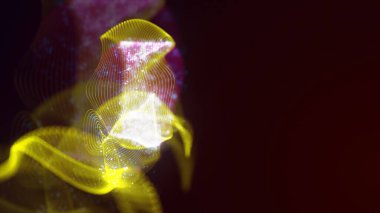 Birbirine dolanmış noktaların üç boyutlu yapılandırması. Koyu arkaplanda parlak ipliklerden ve yüzeylerden oluşan parlak renkli teknolojik arka plan