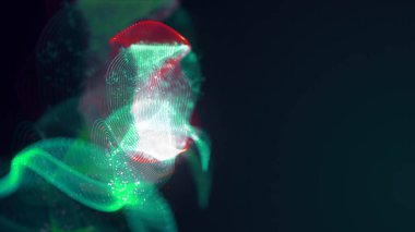 Birbirine dolanmış noktaların üç boyutlu yapılandırması. Koyu arkaplanda parlak ipliklerden ve yüzeylerden oluşan parlak renkli teknolojik arka plan