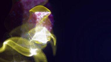 Birbirine dolanmış noktaların üç boyutlu yapılandırması. Koyu arkaplanda parlak ipliklerden ve yüzeylerden oluşan parlak renkli teknolojik arka plan