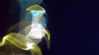 Birbirine dolanmış noktaların üç boyutlu yapılandırması. Koyu arkaplanda parlak ipliklerden ve yüzeylerden oluşan parlak renkli teknolojik arka plan