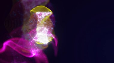 Birbirine dolanmış noktaların üç boyutlu yapılandırması. Koyu arkaplanda parlak ipliklerden ve yüzeylerden oluşan parlak renkli teknolojik arka plan