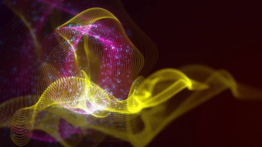 Birbirine dolanmış noktaların üç boyutlu yapılandırması. Koyu arkaplanda parlak ipliklerden ve yüzeylerden oluşan parlak renkli teknolojik arka plan