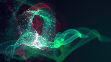 Birbirine dolanmış noktaların üç boyutlu yapılandırması. Koyu arkaplanda parlak ipliklerden ve yüzeylerden oluşan parlak renkli teknolojik arka plan