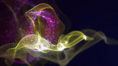 Birbirine dolanmış noktaların üç boyutlu yapılandırması. Koyu arkaplanda parlak ipliklerden ve yüzeylerden oluşan parlak renkli teknolojik arka plan