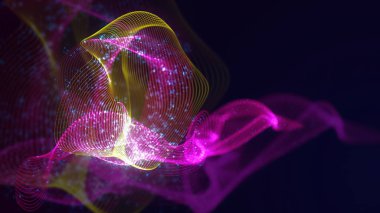 Birbirine dolanmış noktaların üç boyutlu yapılandırması. Koyu arkaplanda parlak ipliklerden ve yüzeylerden oluşan parlak renkli teknolojik arka plan