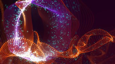 Birbirine dolanmış noktaların üç boyutlu yapılandırması. Koyu arkaplanda parlak ipliklerden ve yüzeylerden oluşan parlak renkli teknolojik arka plan