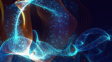 Birbirine dolanmış noktaların üç boyutlu yapılandırması. Koyu arkaplanda parlak ipliklerden ve yüzeylerden oluşan parlak renkli teknolojik arka plan